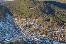 The Sleeping Beauty of the Palatinate in winter with snow in Dörrenbach in the state Rhineland-Palatinate, Germany from above