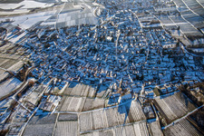 Aerial view of In winter with snow from the northwest in the district Rechtenbach in Schweigen-Rechtenbach in the state Rhineland-Palatinate, Germany