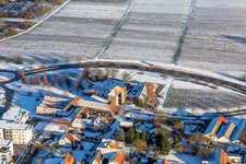 German Wine Gate Palatinate in winter with snow in the district Schweigen in Schweigen-Rechtenbach in the state Rhineland-Palatinate, Germany
