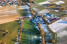 Aerial photograpy of Holzwerk ORTH in the Schaidter Mill in winter with snow in the district Schaidt in Wörth am Rhein in the state Rhineland-Palatinate, Germany