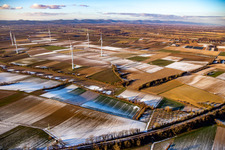 Field structures and shadows in winter with snow at the wind farm Freckenfeld in Freckenfeld in the state Rhineland-Palatinate, Germany