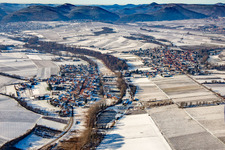 Aerial view of From the east in winter in the snow in the district Klingen in Heuchelheim-Klingen in the state Rhineland-Palatinate, Germany
