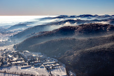 Aerial view of Pfalzklinik Landeck from the northwest in winter in the snow in Klingenmünster in the state Rhineland-Palatinate, Germany