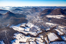 Queichtal from the east in winter with snow in Annweiler am Trifels in the state Rhineland-Palatinate, Germany