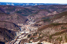Dernbacher Valley from the south in winter with snow in Ramberg in the state Rhineland-Palatinate, Germany