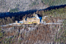Aerial photograpy of Neuscharfeneck castle ruins from the south in winter with snow in Flemlingen in the state Rhineland-Palatinate, Germany