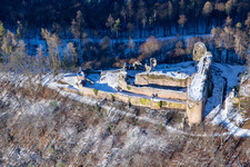 Oblique view of Neuscharfeneck castle ruins from the south in winter with snow in Flemlingen in the state Rhineland-Palatinate, Germany