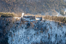 Aerial view of Neuscharfeneck castle ruins from the north in winter with snow in Flemlingen in the state Rhineland-Palatinate, Germany