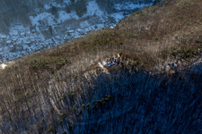 Aerial photograpy of Ramburg castle ruins in winter with snow in Ramberg in the state Rhineland-Palatinate, Germany