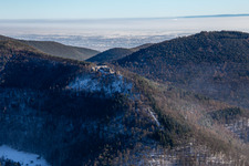 Neuscharfeneck castle ruins from the northwest in winter with snow in Flemlingen in the state Rhineland-Palatinate, Germany