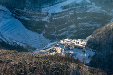 Palatinate granite from the north in winter with snow in Waldhambach in the state Rhineland-Palatinate, Germany
