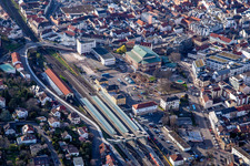 Main station and hall building on Bahnhofstr in Neustadt an der Weinstraße in the state Rhineland-Palatinate, Germany