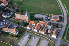 Aerial view of The wine house - Vinothek Meßmer, Ritterhof zur Rose at the Catholic parish church of the Visitation of Mary in Burrweiler in the state Rhineland-Palatinate, Germany
