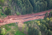 Oblique view of Corridor through the Palatinate Forest for the reconstruction of the 51 km section of the Trans-Europe Natural Gas Pipeline (TENP-III from the Netherlands to Switzerland) between Mittelbrunn and Klingenmünster in Schwanheim in the state Rhineland-Palatinate, Germany
