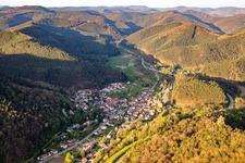 Course of the B10 over the Queichtal from the west in Wilgartswiesen in the state Rhineland-Palatinate, Germany