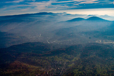 Oblique view of Evening mist over the Odenwald in Gaggenau in the state Baden-Wuerttemberg, Germany