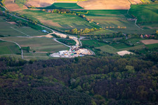 Construction site of the eastern tunnel portal for the Astrid Tunnel for the underpass and bypass of Bad Bergzabern between B38 (Weinstraße) and B427 (Kurtalstraße) in Dörrenbach in the state Rhineland-Palatinate, Germany seen from above