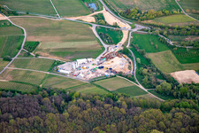Construction site of the eastern tunnel portal for the Astrid Tunnel for the underpass and bypass of Bad Bergzabern between B38 (Weinstraße) and B427 (Kurtalstraße) in Dörrenbach in the state Rhineland-Palatinate, Germany from the plane