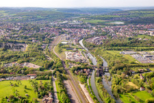 Sarreguemines railway station, Saar and Canal des houillères de la Sarre from the southeast in Saargemünd in the state Moselle, France