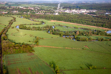 Aerial view of Flood meadows of the Saar are the feeding ground for the storks in Willerwald in the state Moselle, France