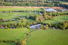 Aerial photograpy of Flood meadows of the Saar are the feeding ground for the storks in Willerwald in the state Moselle, France