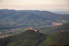 Aerial view of Trifels Castle from the southwest in the district Bindersbach in Annweiler am Trifels in the state Rhineland-Palatinate, Germany