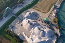 Gravel plant of WOLFF & MÜLLER Quarzsande at the quarry lake in Hagenbach in the state Rhineland-Palatinate, Germany seen from above