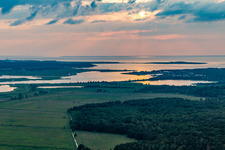 Aerial view of Sunset over the outflow of the Peenestrom in Peenemünde in the state Mecklenburg-Western Pomerania, Germany