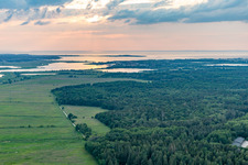 Aerial photograpy of Sunset over the outflow of the Peenestrom in Peenemünde in the state Mecklenburg-Western Pomerania, Germany