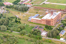 Oblique view of Historical-Technical Museum Peenemünde on rocket construction in World War II in the former power plant in Peenemünde in the state Mecklenburg-Western Pomerania, Germany