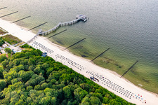 Aerial view of Koserow pier from 2021, 279 m long, special features: - Bell tower of Vineta Seating area for 150 people with sunset cinema Art installation "Man with Bell" Execution B&O Ingenieure, Hamburg Heuvelman Ibis GmbH, Leer in Koserow in the state Mecklenburg-Western Pomerania, Germany