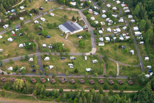 Aerial view of SeeCamping Zittau Mountains at Olbersdorfer Lake in Olbersdorf in the state Saxony, Germany