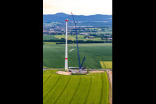 Oblique view of Construction site of a wind turbine at the Oberseifersdorf wind farm of Alterric Deutschland GmbH and Energiequelle GmbH in the district Eckartsberg in Mittelherwigsdorf in the state Saxony, Germany