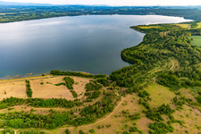 North-eastern shore of Lake Berzdorf with Pimmelblo bike park and Klein Neundorf viewpoint in the district Deutsch Ossig in Görlitz in the state Saxony, Germany