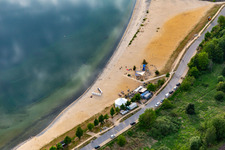 Aerial view of North-east beach promenade of Lake Berzdorf with beach bar Görlitz in the district Deutsch Ossig in Görlitz in the state Saxony, Germany
