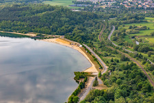 Oblique view of North-east beach promenade of Lake Berzdorf with beach bar Görlitz in the district Deutsch Ossig in Görlitz in the state Saxony, Germany