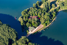 Aerial photograpy of Restaurant on Rott Island on the Rhine in Linkenheim-Hochstetten in the state Baden-Wuerttemberg, Germany