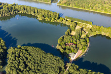 Aerial view of Pappelallee and restaurant on Rott Island on the Rhine in Linkenheim-Hochstetten in the state Baden-Wuerttemberg, Germany