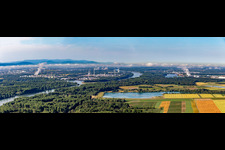 Panorama of the Rhine Valley from the Rheinzaberner Baggersee to the MIRO behind the oil port in the district Knielingen in Karlsruhe in the state Baden-Wuerttemberg, Germany