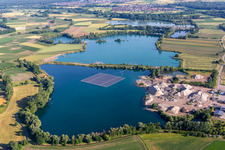 Aerial view of Floating solar park on a quarry lake in Leimersheim in the state Rhineland-Palatinate, Germany