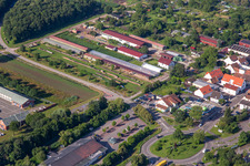 Agricultural halls at Ettenbaum in Kandel in the state Rhineland-Palatinate, Germany from the plane
