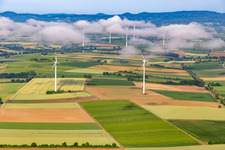 Wind farm Minfeld (in the background wind farm Freckenfeld) from the east in low clouds in Minfeld in the state Rhineland-Palatinate, Germany