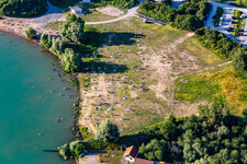 Aerial photograpy of Sunbathing lawn at Epplesee in the district Silberstreifen in Rheinstetten in the state Baden-Wuerttemberg, Germany