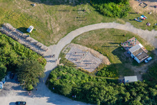 Aerial view of Beach volleyball court at Epplesee in the district Silberstreifen in Rheinstetten in the state Baden-Wuerttemberg, Germany