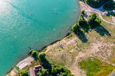 Aerial view of Many bathers in Epplesee in the district Silberstreifen in Rheinstetten in the state Baden-Wuerttemberg, Germany