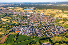 Aerial view of From the west in the district Mörsch in Rheinstetten in the state Baden-Wuerttemberg, Germany