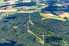 Aerial view of Wind farm in front of the large shield bridge in Kirchheim in the state Hesse, Germany