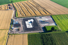 Aerial photograpy of Construction site of the V20 deep drilling site of Vulcan Energy at Schleidberg for the extraction of geothermal energy and lithium in Insheim in the state Rhineland-Palatinate, Germany