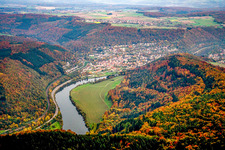Place on the Neckar from the west in Neckargerach in the state Baden-Wuerttemberg, Germany
