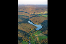 Aerial view of Marbach Reservoir in the district Hüttenthal in Mossautal in the state Hesse, Germany